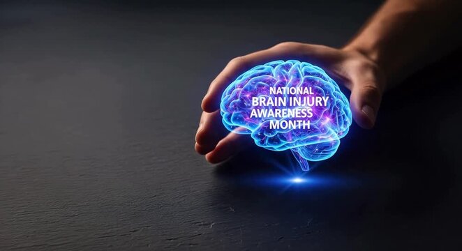 National brain injury awareness month concept glowing brain hologram held by hand medical dark background for injury awareness