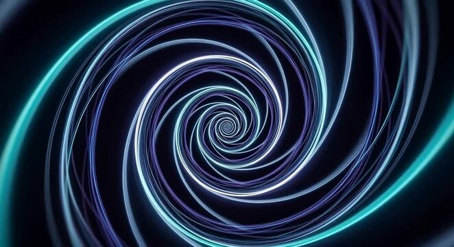 Blue glowing spiral tunnel with dynamic abstract light and futuristic neon lines creating hypnotic swirling effect in dark space background