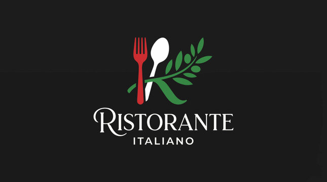 This logo elegantly combines a fork, spoon, and leafy branch inside the letter 'K,' showcasing the essence of Italian cuisine and a warm dining experience.