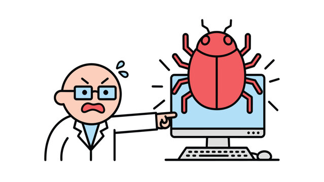 Frustrated IT professional pointing at a giant software bug on computer screen, symbolizing system errors and debugging.