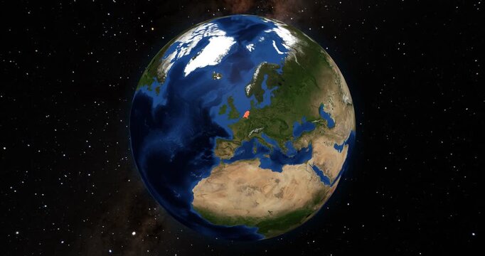 Netherlands on the Globe. Zoom into the country with the Earth spinning in space. High detail physical world map with Netherlands on it. Elements of this animation furnished by NASA.
