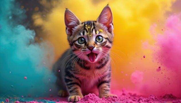 Tabby kitten with green eyes sits in vibrant pink and turquoise powder paint clouds. Cat has yellow powder on head. Festive Holi celebration.