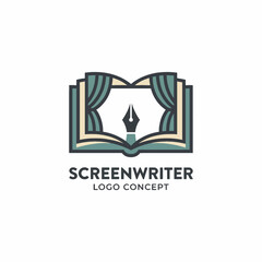 Obraz premium This logo concept features an open book with curtains and a pen, symbolizing creativity, storytelling, and the craft of screenwriting in a visually appealing way.