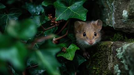 Obraz premium Curious Mouse Hidden Among Greenery