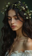 Naklejka premium Young woman wears floral crown. Dark wavy hair frames her face. She has delicate features and wears a white dress with lace trim. A simple pendant necklace adorns her neck.