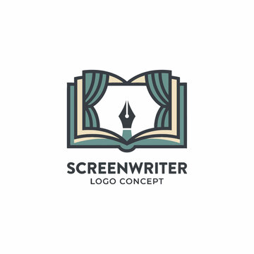 This logo concept features an open book with curtains and a pen, symbolizing creativity, storytelling, and the craft of screenwriting in a visually appealing way.