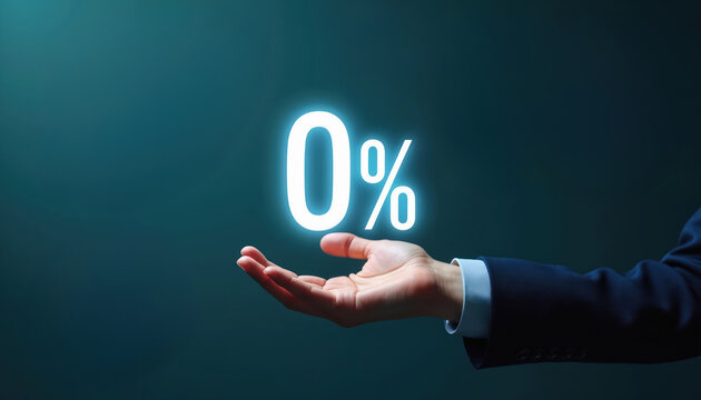 Business hand presents glowing zero percent interest rate hologram. Finance offer for loans or credit with no cost. Concept for savings and investment opportunities.