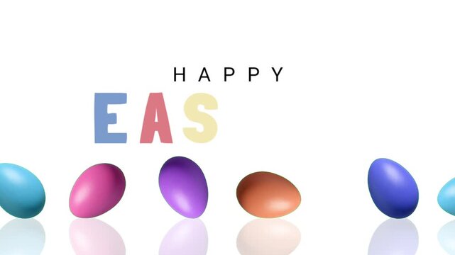 Looped 4K cute Happy Easter card with vibrant eggs rolling smoothly on white background with glossy reflection, ideal for joyful holiday greetings, social media, and festive promotions.