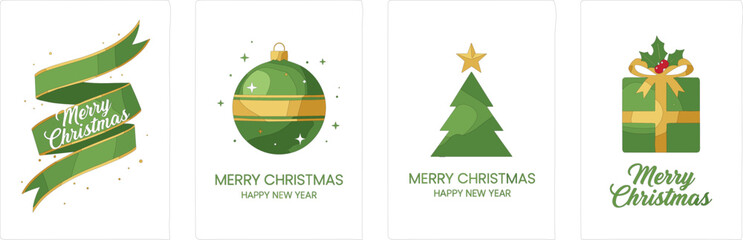 Obraz premium Christmas greeting card set, festive design with tree, gift, ornament, ribbon, holiday wishes