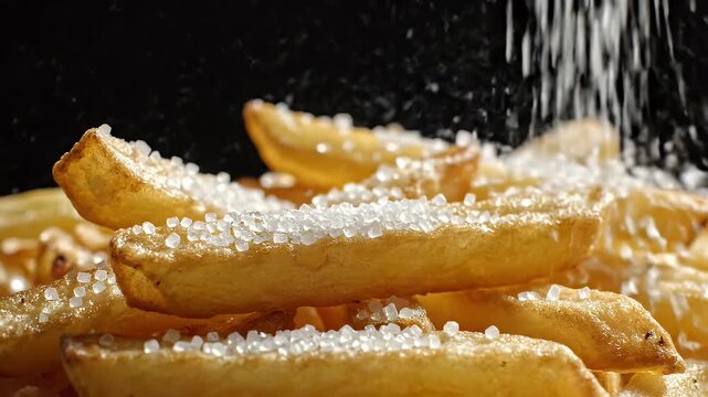 Close-up of golden, crispy fries being salted against a dark backdrop. Salt crystals are falling