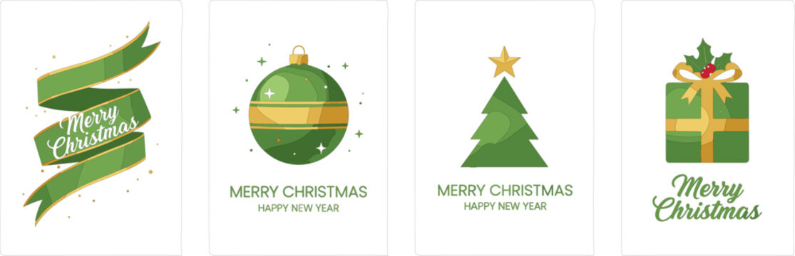 Christmas greeting card set, festive design with tree, gift, ornament, ribbon, holiday wishes
