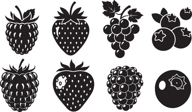 Berry vector icons set, raspberry, strawberry, blackberry, blueberry Vector silhouette.