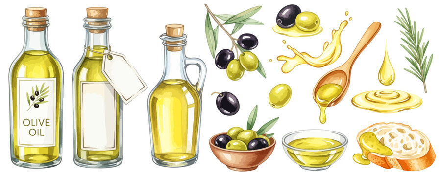 オリーブオイルとオリーブの水彩風イラストセット｜健康・ナチュラル調味料・食材・ヘルシーオイル
