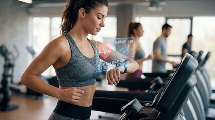 Fototapeta premium woman using smart watch during training. Heart monitor beats with wristwatch. smart watch or future data on healthcare