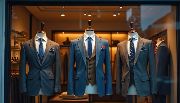 Three men suits displayed on mannequins in a store window. Formal wear includes tailored jackets, vests, and patterned ties. Elegant business attire for men shopping for clothing.