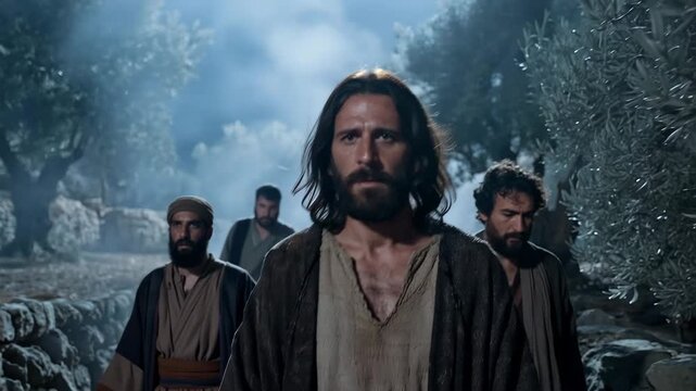 Jesus and disciples walking across Kidron valley at night