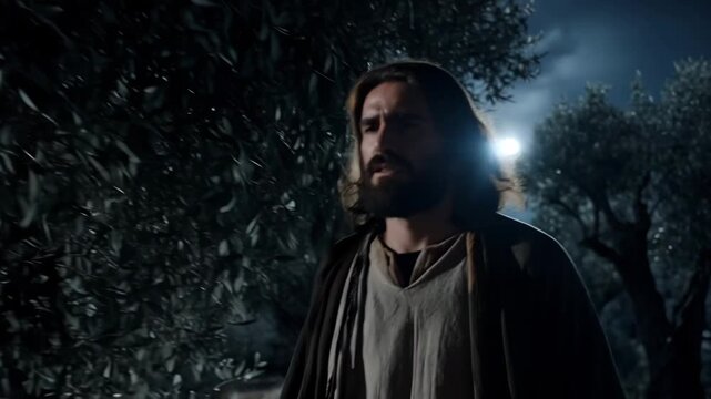 Jesus entering an ancient olive garden at night