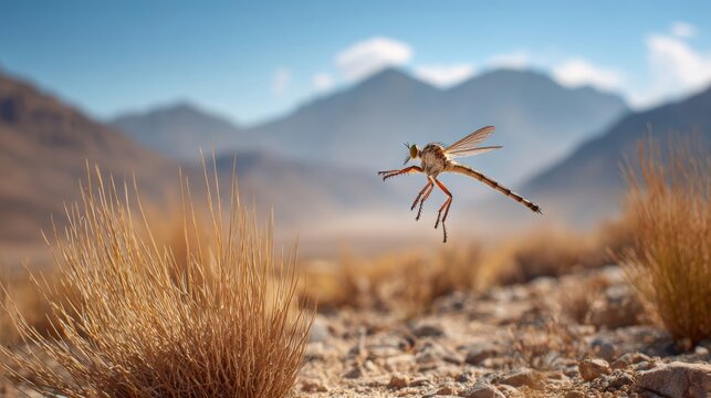 A robber fly in mid-air over a dry desert landscape with mountains in the background, showcasing its predatory agility.