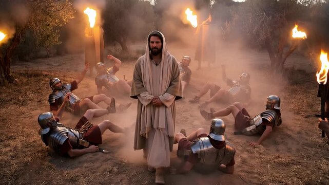 Roman soldiers falling to the ground before Jesus