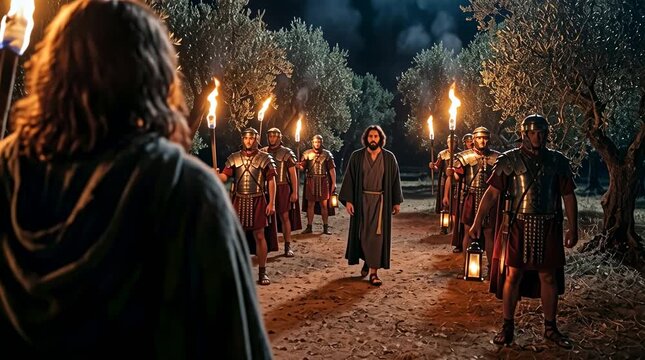 Judas arriving with Roman soldiers holding lanterns