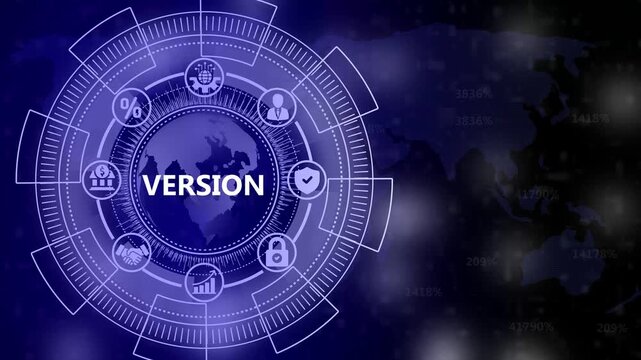 Digital Global Interface with " VERSION" and Business Icons in Blue Tones technology network