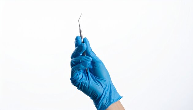 Close-up of a gloved hand holding a dental instrument against a white background.