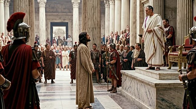 Jesus standing before Pontius Pilate in the praetorium