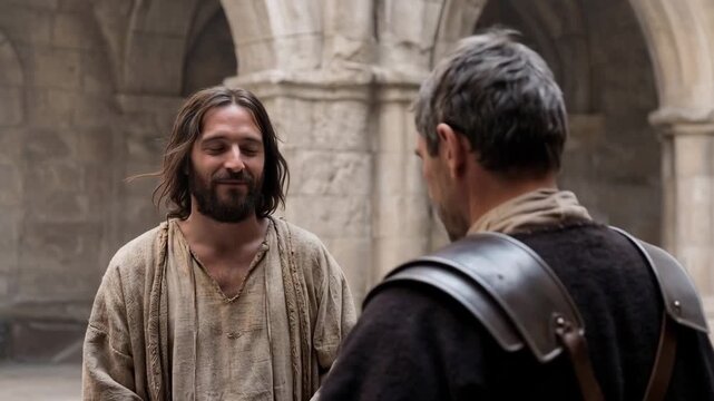 Jesus looking calm before Pilate in daylight