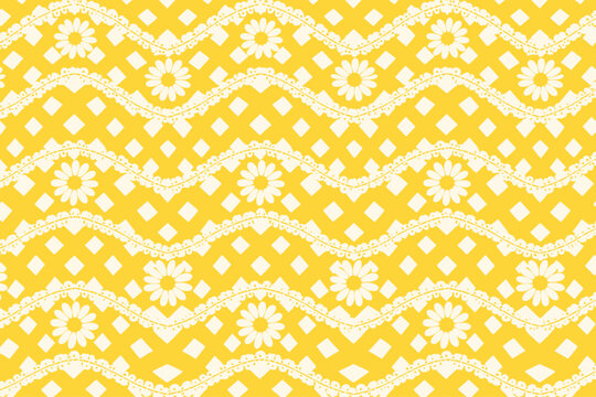 Daisy seamless pattern vector with white flowers on yellow gingham background. Cute floral vichy check for summer picnic, kitchen decor, fabric, wallpaper. Bright, stylish, modern doodle
