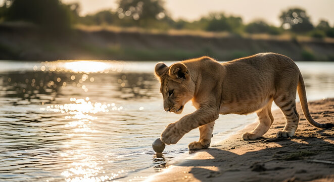 Young lion cub cautiously drinks water at riverbank during golden hour.