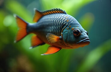 Fototapeta premium Oscar fish swims underwater in aquarium. Its dark scaled body and orange fins are detailed. Green aquatic plants form background. Fish has large eyes and a determined mouth.