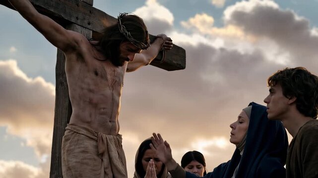 Jesus on the cross looking down at Mary and disciples