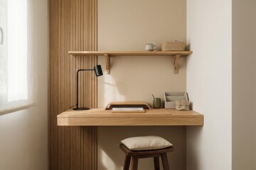 Fototapeta premium Minimalist home office nook with floating oak desk slatted wood panel and black lamp