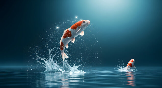 Koi fish leaping from water with dramatic splash.