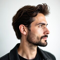Fototapeta premium Man with wavy brown hair and beard in profile. He wears a black jacket and looks to the side. Studio shot with a white background. Closeup portrait.