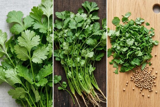 Fresh cilantro leaves displayed in a creative arrangement highlighting different forms of the herb showcasing its vibrant appearance and culinary versatility