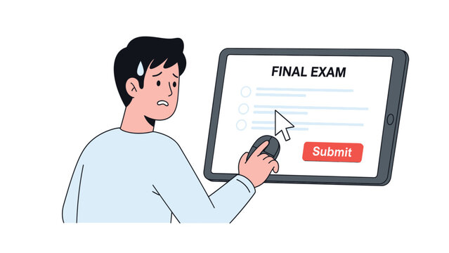 Anxious student taking online final exam, feeling stress and pressure to submit test digitally. Academic pressure concept.