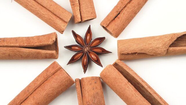Macro rotating star anise centerpiece surrounded by cinnamon sticks on a white background. Clean organic spice pattern for culinary and baking projects.
