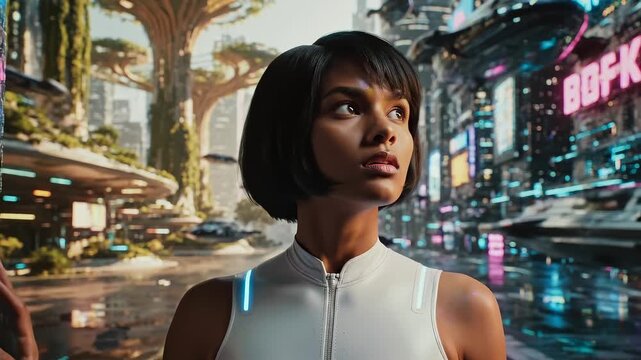 female android exploring futuristic city street, black cyborg woman touching interactive wall in neon metropolis, cyberpunk urban scene, ai identity and digital future concept