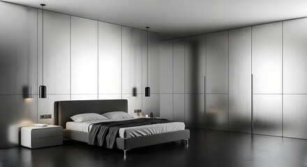 Fototapeta premium Modern Bedroom Design with Minimalist Decor and Elegant Lighting.