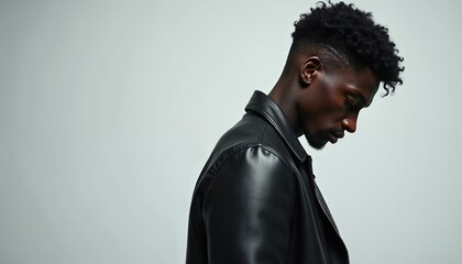 Obraz premium Young Black man in leather jacket profile view. He has short curly hair and looks down thoughtfully in studio. Moody portrait of thoughtful male model.