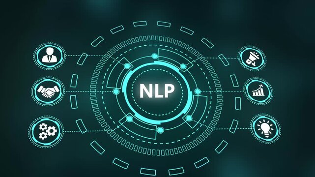 Digital Interface Displaying NLP Acronym with Business and Technology Icons Natural Language Processing