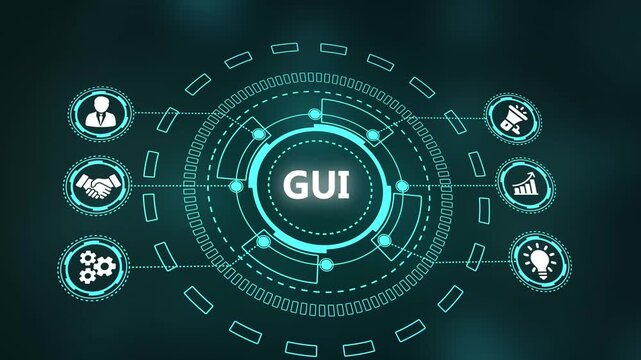 Digital Interface Displaying GUI Acronym with Business and Technology Icons Graphical User Interface