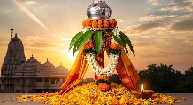 A Hindu Temple Decorated With Flowers And A Lit Diya During A Festival