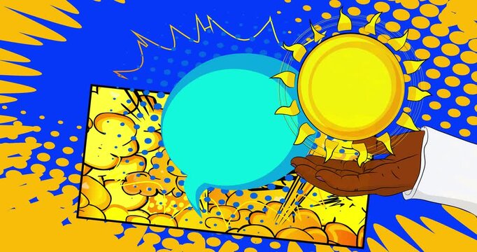 Cartoon, comic book human hands holding Sun. Retro video, comics pop art animation.