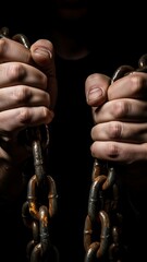 Fototapeta premium Close up of hands holding heavy chains in darkness.