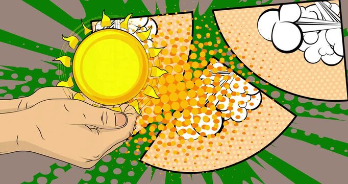 Cartoon, comic book human hands holding Sun. Retro video, comics pop art animation.