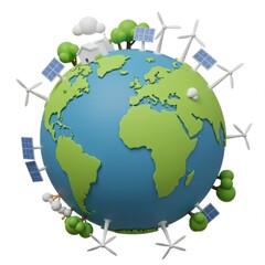 Naklejka premium 3D Render of Earth with Renewable Energy Elements and Green Nature