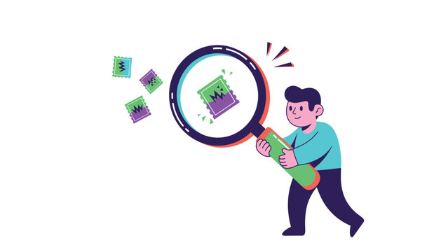 Person with magnifying glass analyzing digital data. Flat illustration for content discovery and information inspection.