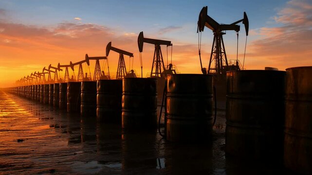 Silhouettes of oil pumpjacks operating at sunset reflecting in water with oil barrels stacked in the foreground industrial energy production scene